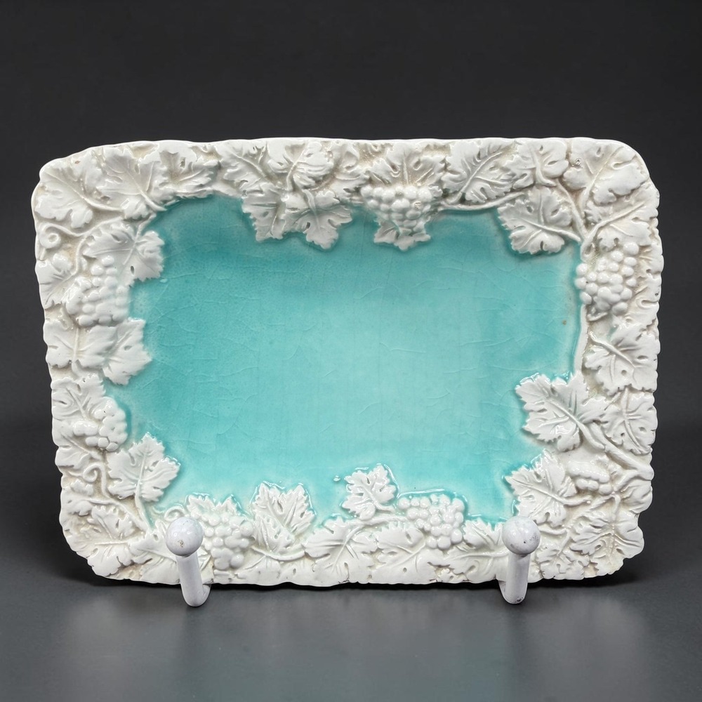 Vintage Italian Ceramic Grape Vine Trinket Tray Turquoise Blue Glaze Made Italy